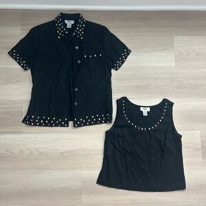 Reese Kelly Black Linen Blend Embroidered Set (Top & Tank) PS